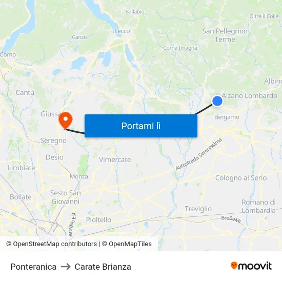 Ponteranica to Carate Brianza map