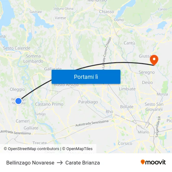 Bellinzago Novarese to Carate Brianza map