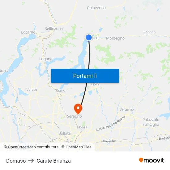 Domaso to Carate Brianza map