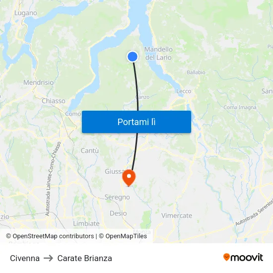 Civenna to Carate Brianza map