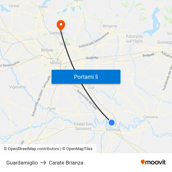 Guardamiglio to Carate Brianza map