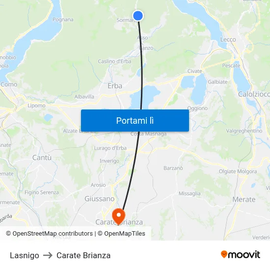 Lasnigo to Carate Brianza map