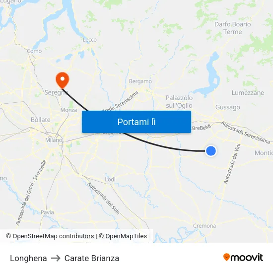Longhena to Carate Brianza map