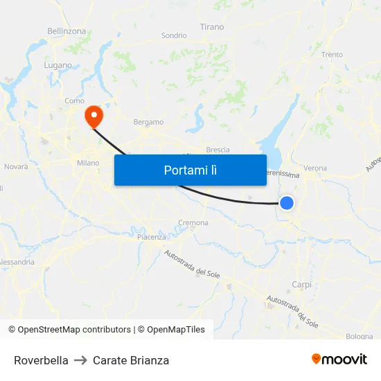 Roverbella to Carate Brianza map
