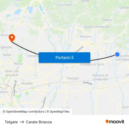 Telgate to Carate Brianza map