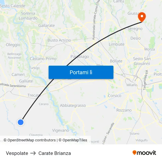 Vespolate to Carate Brianza map