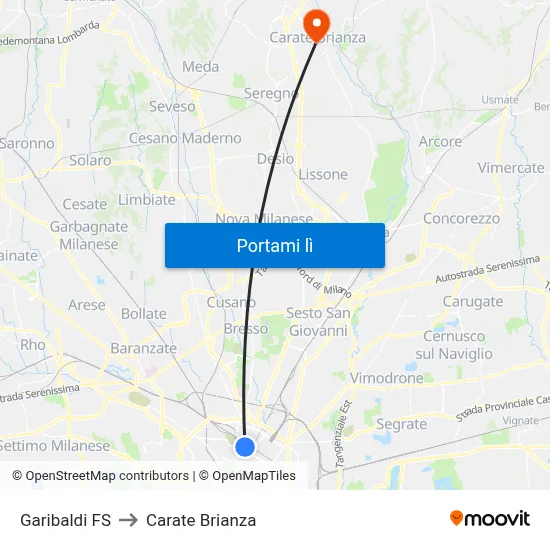 Garibaldi FS to Carate Brianza map