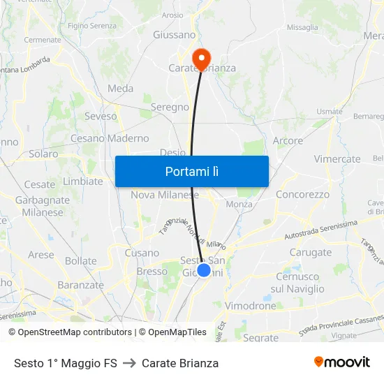 Sesto 1° Maggio FS to Carate Brianza map