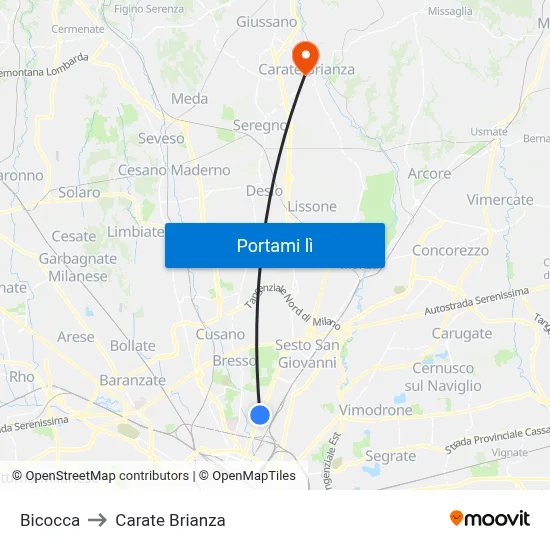 Bicocca to Carate Brianza map