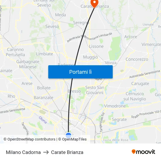 Milano Cadorna to Carate Brianza map