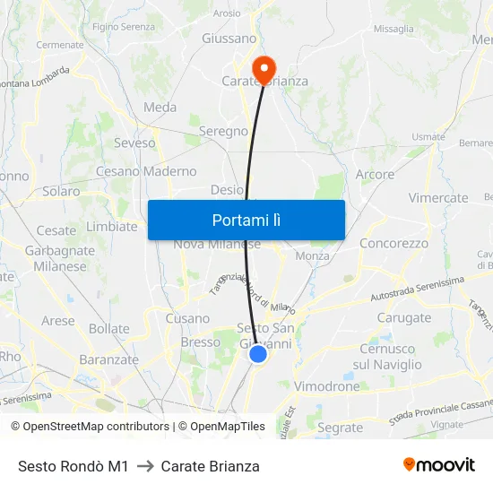 Sesto Rondò M1 to Carate Brianza map