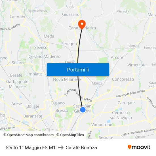 Sesto 1° Maggio FS M1 to Carate Brianza map