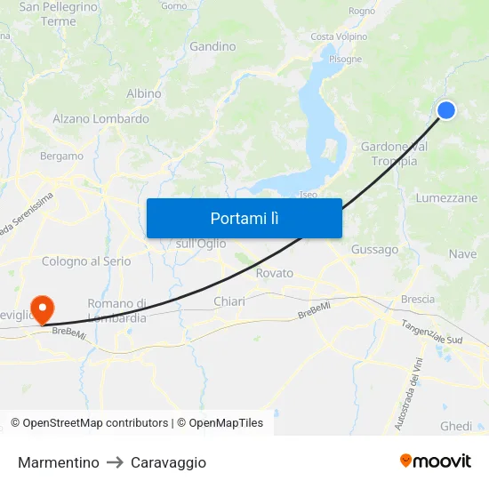 Marmentino to Caravaggio map