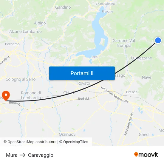 Mura to Caravaggio map