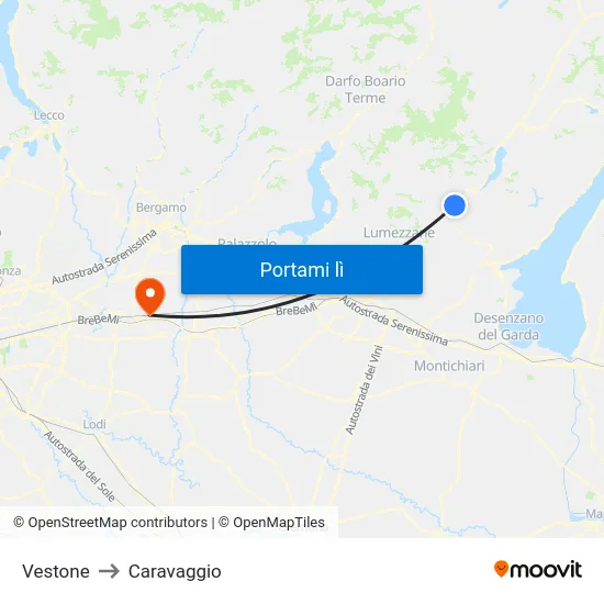 Vestone to Caravaggio map