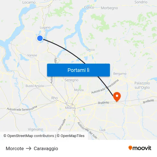 Morcote to Caravaggio map