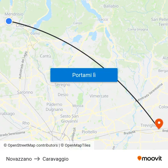 Novazzano to Caravaggio map