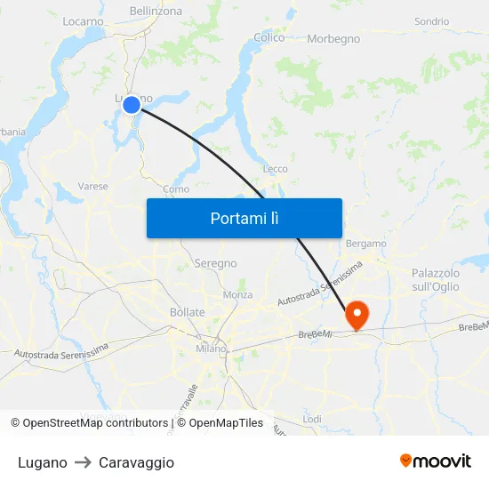 Lugano to Caravaggio map