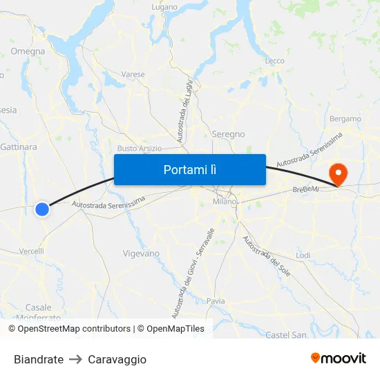 Biandrate to Caravaggio map