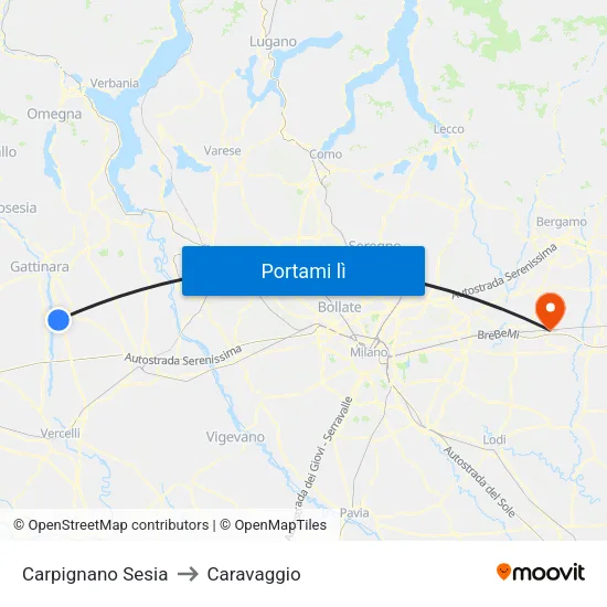 Carpignano Sesia to Caravaggio map