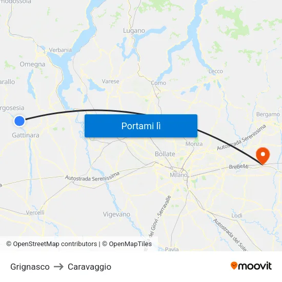 Grignasco to Caravaggio map