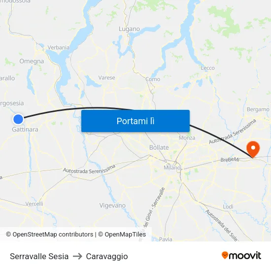 Serravalle Sesia to Caravaggio map