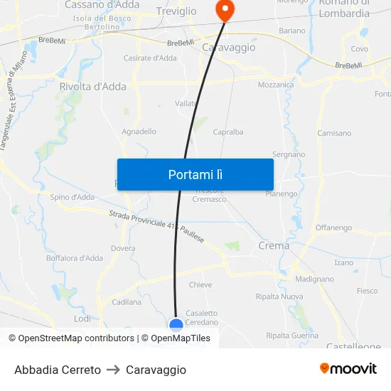 Abbadia Cerreto to Caravaggio map