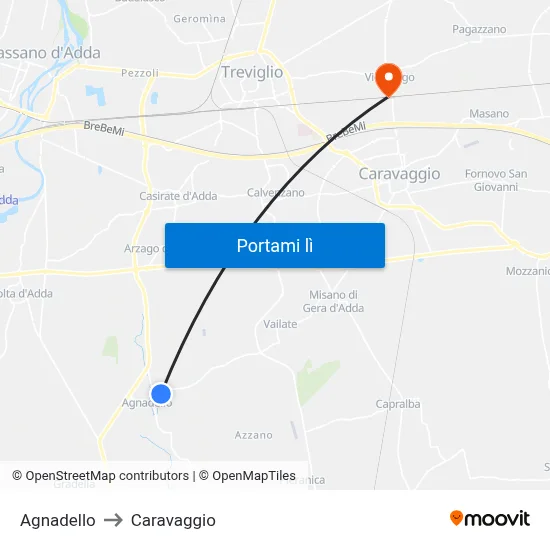Agnadello to Caravaggio map