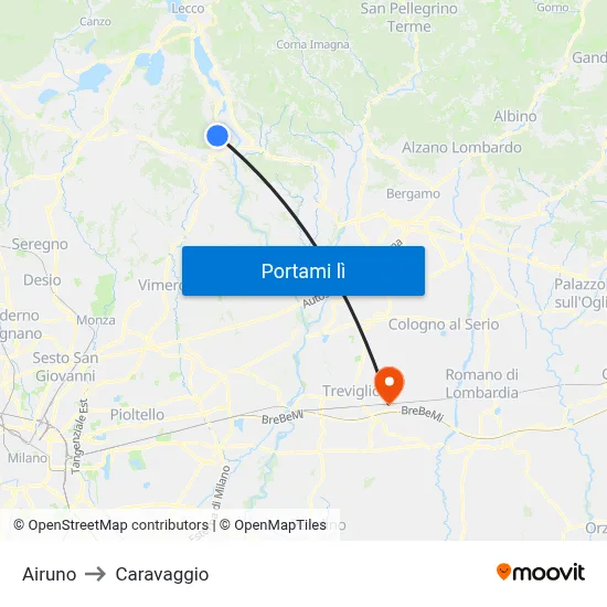 Airuno to Caravaggio map
