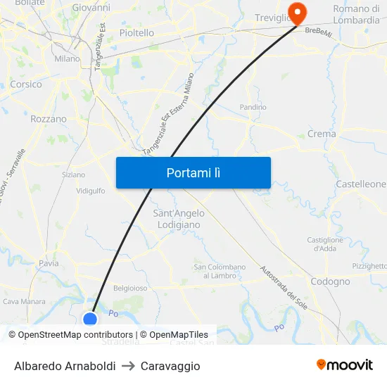 Albaredo Arnaboldi to Caravaggio map