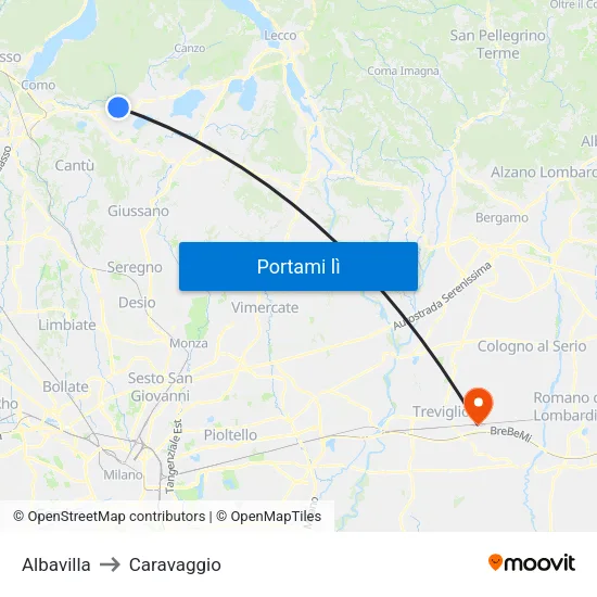 Albavilla to Caravaggio map