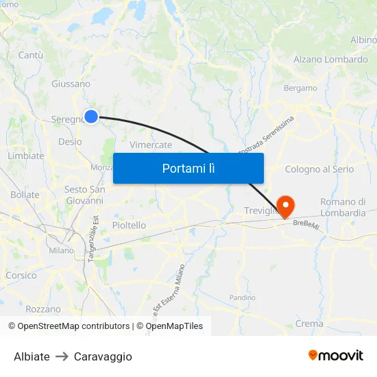 Albiate to Caravaggio map