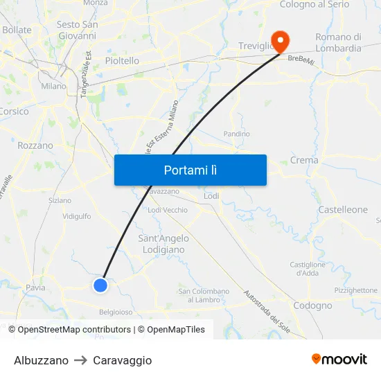 Albuzzano to Caravaggio map