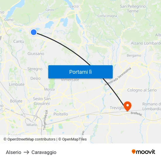 Alserio to Caravaggio map
