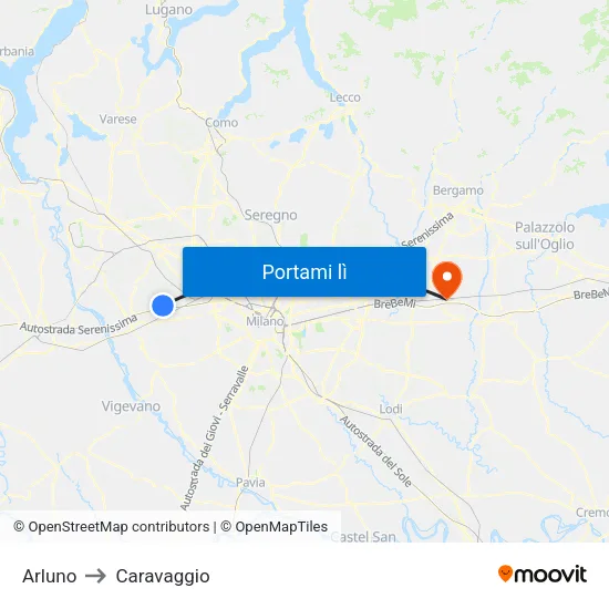 Arluno to Caravaggio map