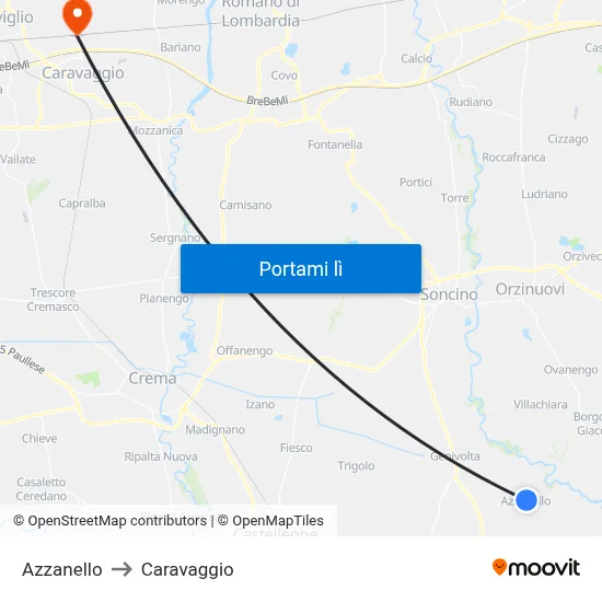 Azzanello to Caravaggio map