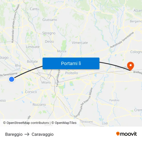 Bareggio to Caravaggio map