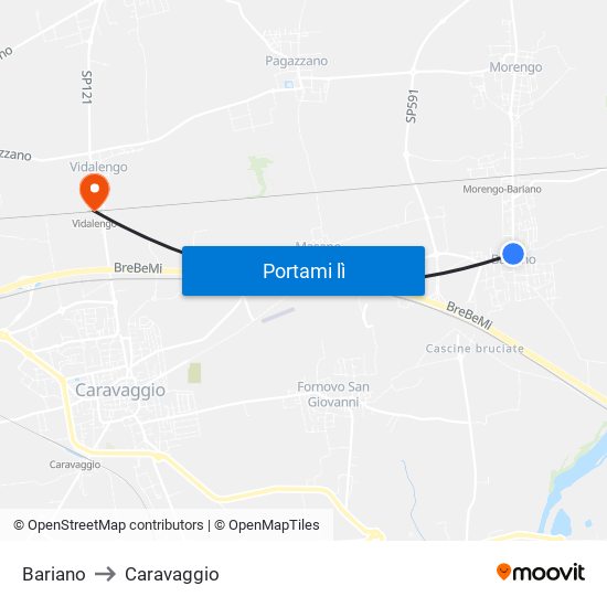 Bariano to Caravaggio map