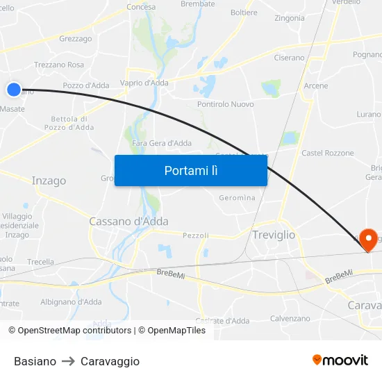 Basiano to Caravaggio map