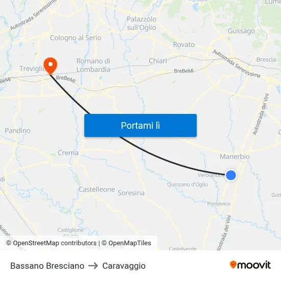 Bassano Bresciano to Caravaggio map