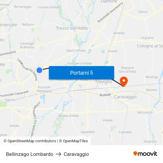 Bellinzago Lombardo to Caravaggio map