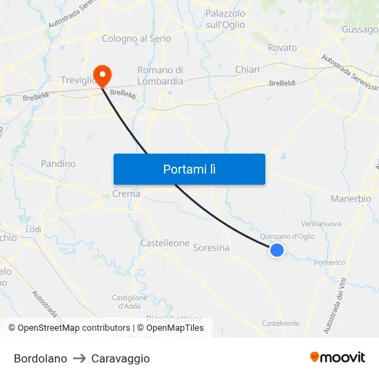 Bordolano to Caravaggio map