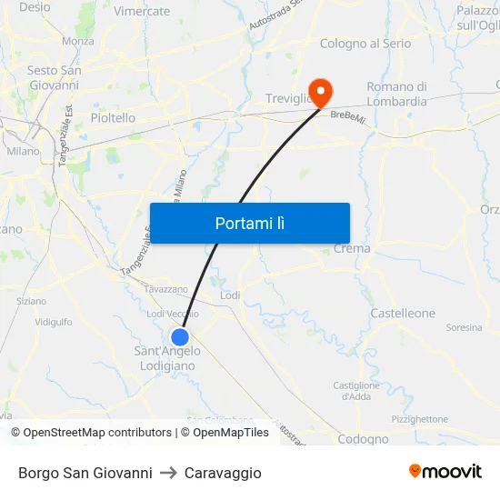 Borgo San Giovanni to Caravaggio map