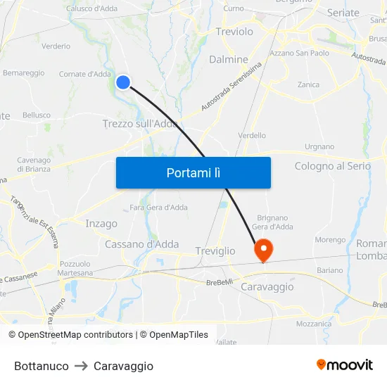 Bottanuco to Caravaggio map