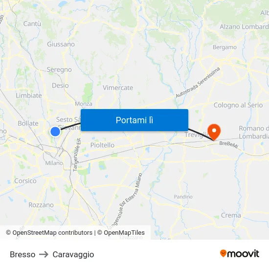 Bresso to Caravaggio map