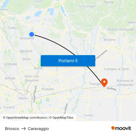 Briosco to Caravaggio map