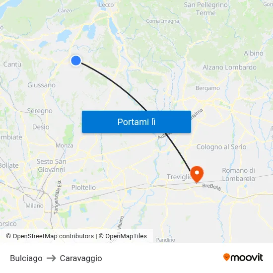 Bulciago to Caravaggio map