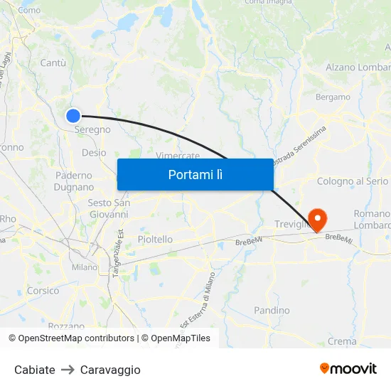 Cabiate to Caravaggio map