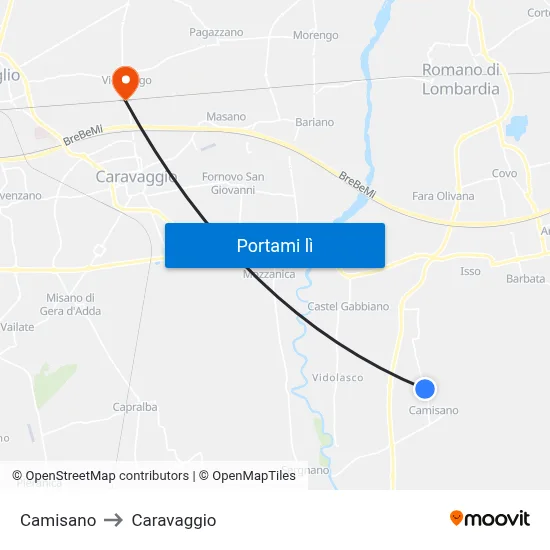 Camisano to Caravaggio map