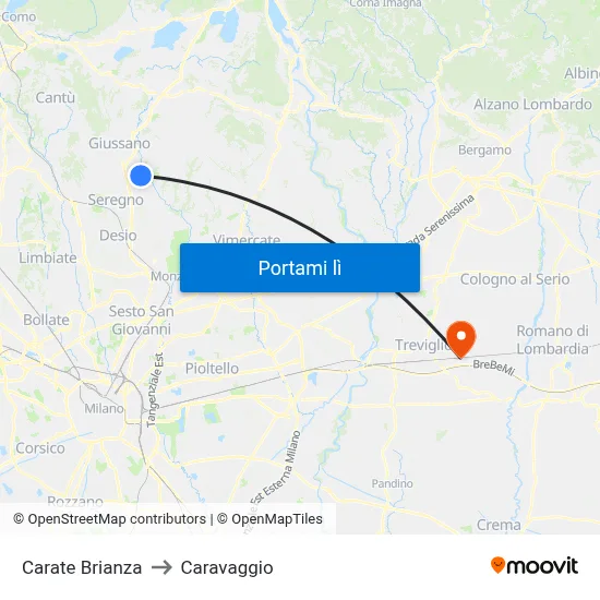 Carate Brianza to Caravaggio map